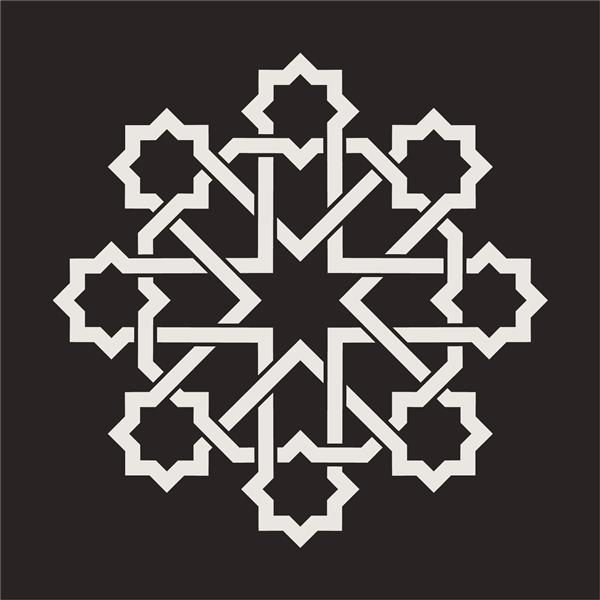 دکور تزیینی هندسی دایره ای انتزاعی در زمینه مشکی ماندالا با ستاره ها و راه راه های متقاطع وکتور تصویر اسلامی طراحی تک رنگ به سبک عربی