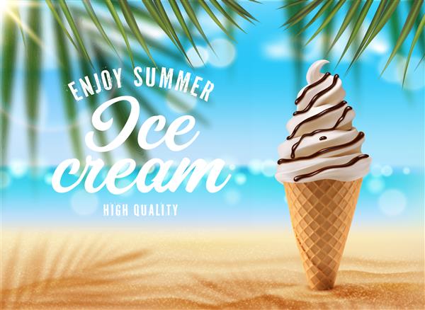 بستنی وانیلی در ساحل نخل وکتور پوستر تبلیغاتی با بستنی سه بعدی واقع گرایانه در فنجان وافل با روکش شکلاتی گیر کرده در ماسه با سایه شاخه درخت نخل در پس زمینه تابستانی تار مناظر دریایی