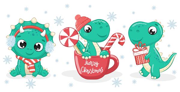 مجموعه ای از 3 دایناسور زیبا برای سال نو و کریسمس تصویر برداری از یک کارتون