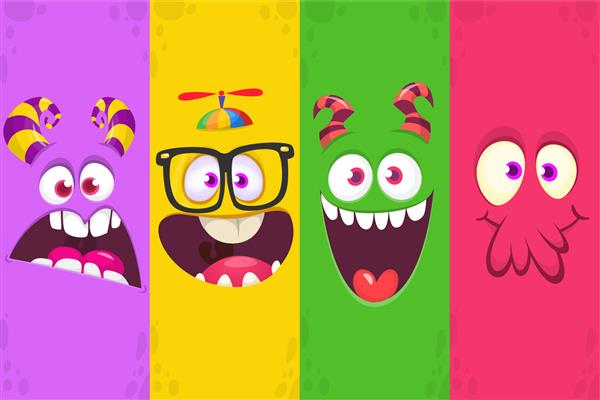 مجموعه ای از احساسات کارتونی خنده دار هیولا تصویری از موجودات افسانه ای بیگانه بیان متفاوت طراحی جشن هالووین طراحی بسته بندی عالی وکتور جدا شده