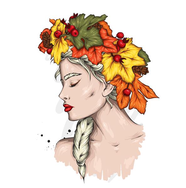 دختر زیبای شیک با لباس های شیک و تاج گلی از برگ های پاییزی مد و استایل لباس و اکسسوری فصل پاييز