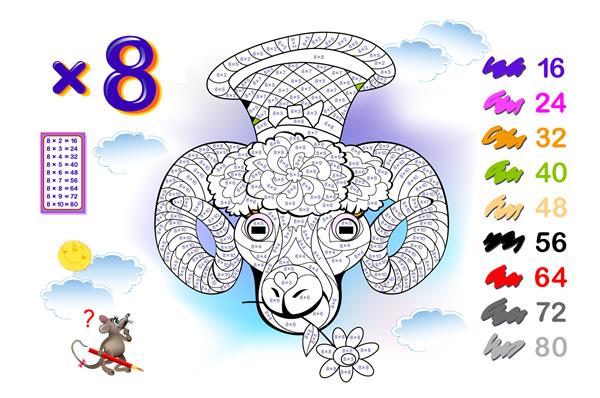 جدول ضرب در 8 برای بچه ها آموزش ریاضی کتاب رنگ آمیزی مثال ها را حل کنید و گوسفندهای ناز را با کلاه رنگ آمیزی کنید بازی پازل منطقی کاربرگ کتاب درسی مدرسه برای کودکان آموزش حافظه