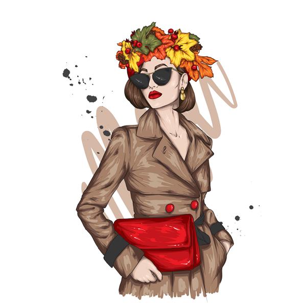دختر زیبای شیک با لباس های شیک و تاج گلی از برگ های پاییزی مد و استایل لباس و اکسسوری فصل پاييز
