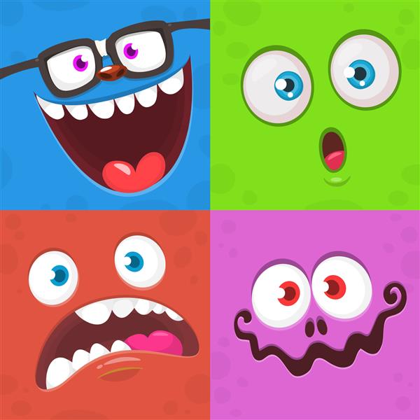 مجموعه چهره های هیولا کارتونی خنده دار تصویری از موجودات بیگانه بیان مختلف طرح هالووین عالی برای طراحی بسته بندی