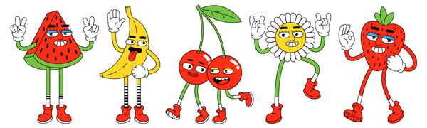 شخصیت های کارتونی خنده دار تصویر برداری از هندوانه موز گیلاس توت فرنگی و گل مجموعه ای از عناصر کمیک در سبک کارتونی مرسوم مد روز