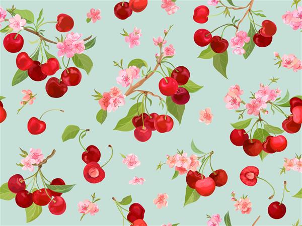 الگوی گیلاس بدون درز با پس زمینه توت های تابستانی میوه ها برگ ها گل ها تصویر برداری به سبک آبرنگ برای پوشش بهاری بافت کاغذ دیواری پس زمینه بسته بندی بسته بندی قدیمی