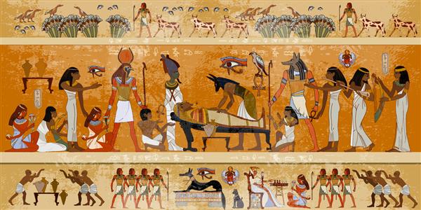 مصر باستان فرآیند مومیایی کردن خدایان مصری اساطیر کنده کاری های هیروگلیف نقاشی دیواری تاریخی مقبره پادشاه توتانخ آمون مفهوم دنیای بعدی تابوت آنوبیس و فرعون