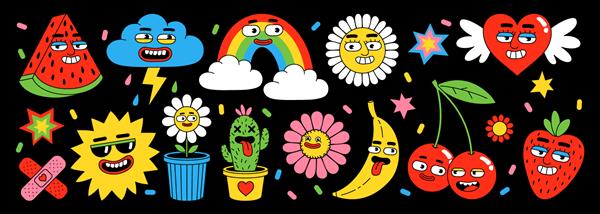 بسته استیکر شخصیت های کارتونی خنده دار تصویر برداری از قلب کمیک خورشید میوه ها توت ها رنگین کمان ابرها گل چهره های انتزاعی و غیره مجموعه بزرگی از عناصر کمیک در سبک کارتونی مرسوم مد روز