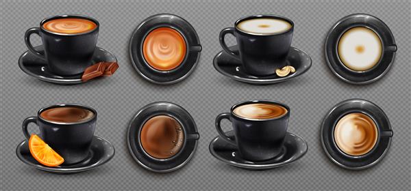 فنجان های قهوه سیاه سه بعدی واقع گرایانه با قاشق نمای بالا و کناری کاپوچینو کاکائو آمریکایی اسپرسو موکا لاته مجموعه ای از تصاویر وکتور واقع گرایانه جدا شده در پس زمینه فضای کپی
