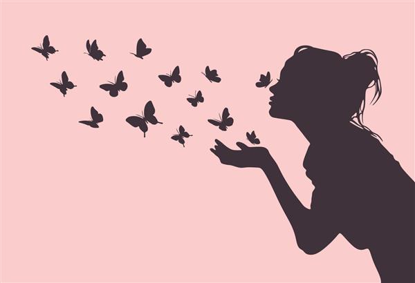 تصویر وکتور دختر زیبا با پروانه های زیادی که از دستش در پس زمینه صورتی پرواز می کنندطراحی شابلون پروفایل زندکور زیبای خانمبرگردان برچسب دیواری وینیلبرش لیزری پلاتر DIY برش