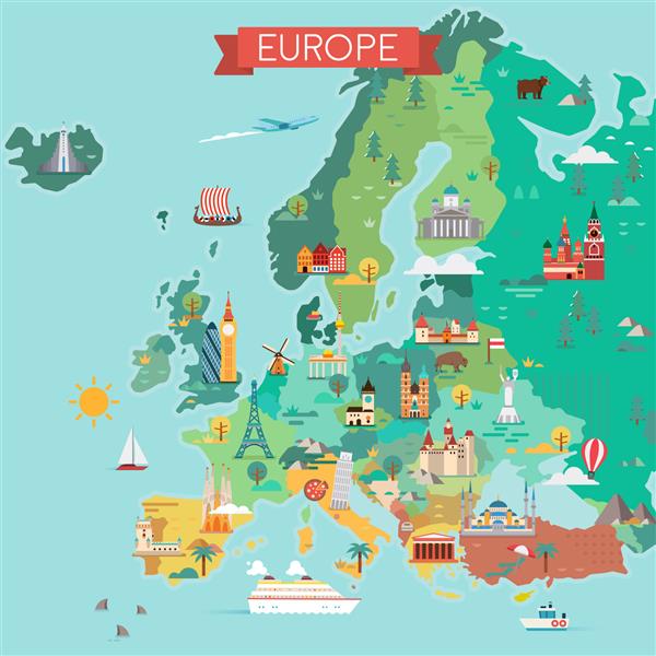 نقشه اروپا نقشه توریستی تصویر به سبک مسطح