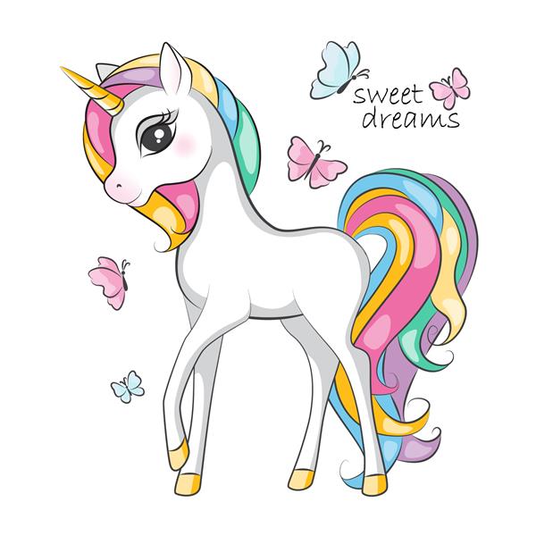 تصویر زیبا از اسب شاخدار خندان کوچک با رنگ های رنگین کمان یال تصویر طراحی شده با دست برای طرح شما