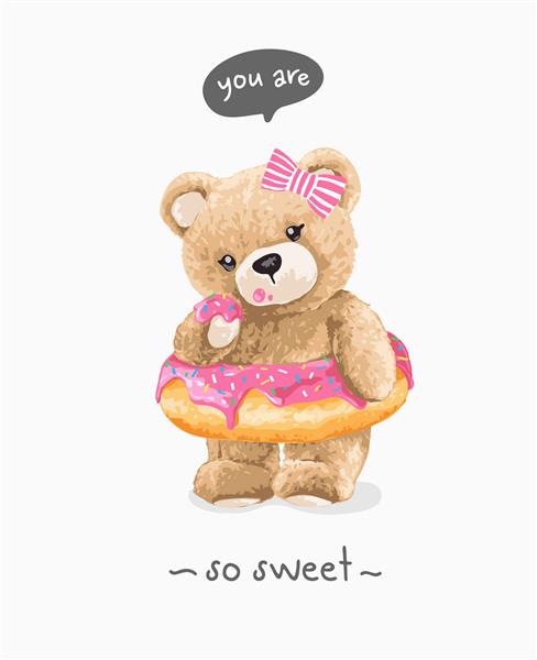 تو شعار خیلی شیرینی با عروسک خرس ناز در تصویر برداری دونات توت فرنگی پاشیدن