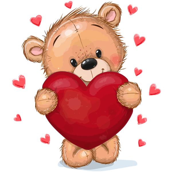 خرس عروسکی کارتونی زیبا با قلب روی پس زمینه قلب