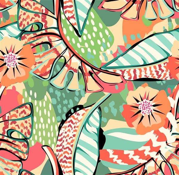الگوی استوایی با عناصر طراحی شده با دست چند رنگ و پس زمینه خنده دار الگوی برگ های گرمسیری برای پارچه و دکوراسیون