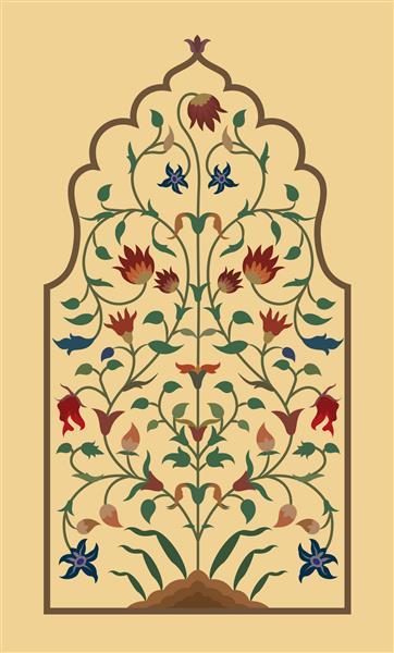 تصویر گیاه تزئینی رنگارنگ مغول برای نقاشی دیواری تصویرسازی زیبای اسلامی با موضوع مدرن پس زمینه وکتور مغول