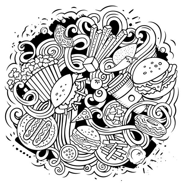 تصویر ابله وکتور فست فود طراحی فست فود پس زمینه کارتونی عناصر و اشیاء غذایی ناسالم عکس خنده دار طرح دار تمامی اقلام جدا شده است