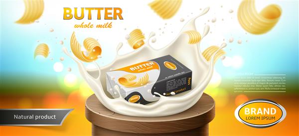 طراحی بسته بندی برای کره مارگارین اسپرد محصولات لبنی اثر پاشیدن شیر بنر تبلیغاتی تصویر برداری واقعی