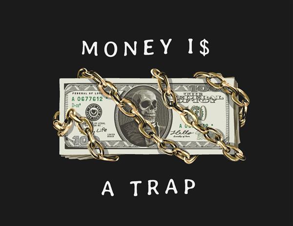 پول یک شعار تله با تصویر برداری اسکناس جمجمه و زنجیر طلایی در پس زمینه سیاه است