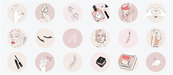 آیکون هایلایت روی جلد شبکه های اجتماعی اینستاگرام دکمه وب اینفوگرافیک زنانه با طرح دستی ساده برای وبلاگ نویسان مد اسپا زیبایی و آرایش مجموعه ای از نمادها نشان برای مراقبت از پوست بدن