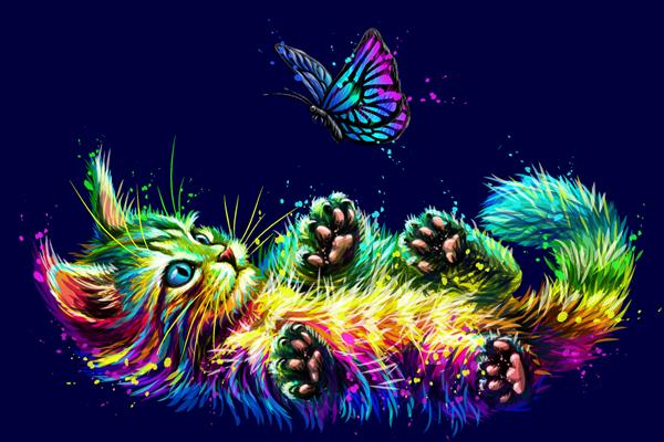 بچه گربه طراحی استیکر پرتره انتزاعی چند رنگ و نئون از یک بچه گربه در حال بازی با یک پروانه در زمینه آبی تیره به سبک هنر پاپ گرافیک وکتور دیجیتال