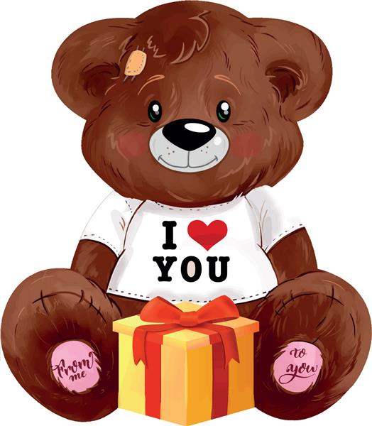 تصویر کارتونی وکتور کارت هدیه عاشقانه روز ولنتاین با جعبه نگهدارنده خرس زیبا