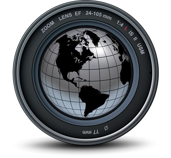 لنز عکس دوربین و کره زمین نقره‌ای دنیای داخل نماد دوربین تصویر برداری