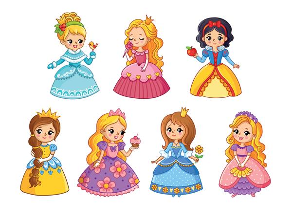 ست زیبا با پرنسس های کارتونی تصویر برداری با دخترانی در لباس های رنگارنگ