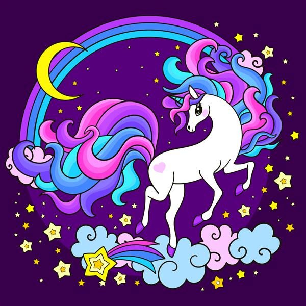 اسب شاخدار سفید با یال رنگین کمانی بلند در آسمان شب تصویرسازی کودکانه زیبا برای طراحی چاپ پوستر استیکر کارت پستال بنر و وکتور