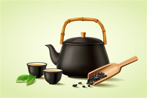 تصویر سه بعدی قوری سرامیکی مشکی فنجان چای و اسکوپ چوبی با برگ های خشک شده چای عناصر مراسم چای آسیایی جدا شده در زمینه سبز