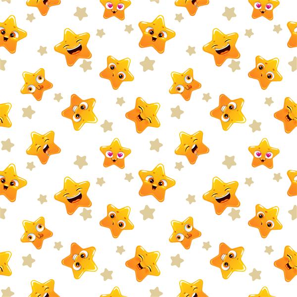 الگوی بدون درز کودکانه با ستاره های زرد خنده دار در پس زمینه سفید الگوی بافت وکتور برای طراحی پارچه بازی یا تایپوگرافی بافت بی پایان کارتونی برای چاپ بدون درز