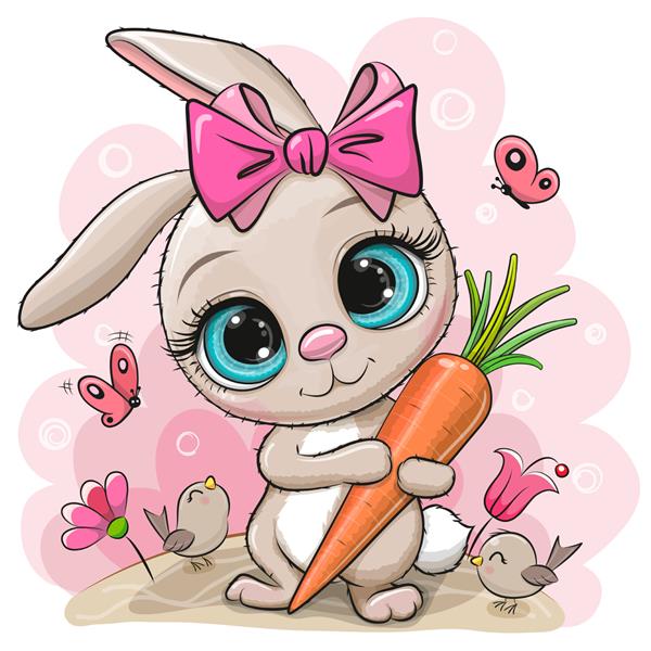 دختر خرگوش کارتونی ناز با هویج در یک علفزار