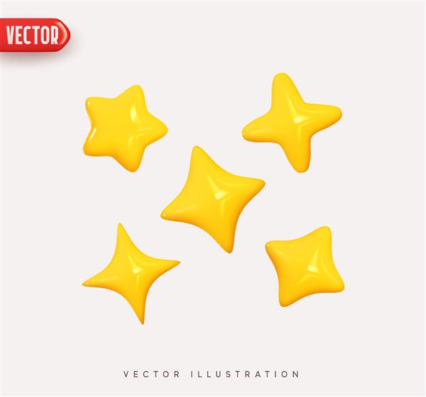 مجموعه ای از ستاره های زرد شکل های مختلف رنگ های براق پنج ستاره سبک کارتونی طراحی سه بعدی واقع گرایانه تصویر برداری