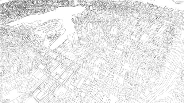 طرح منظر شهری وکتور رندر سه بعدی سبک قاب سیمی مفهوم معماری شهری