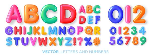 الفبای شاد چند رنگ براق الفبای کودکانه حروف و اعداد سه بعدی رنگی تصویر برداری