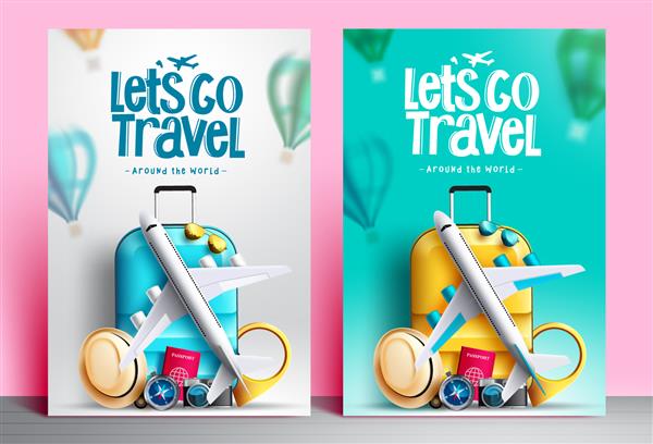 مجموعه پوستر وکتور سفر به سراسر جهان متن سفر با عناصر سفر سه بعدی چمدان و هواپیما برای مجموعه طراحی سفر در سراسر جهان تصویر برداری