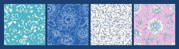 مجموعه ای از الگوهای ساده گلدار بدون درز سیلوئت های گل های دیزی کوچک و بزرگ طرحی مسطح کلاژ گیاه شناسی به سبک مد روز مدرن مجموعه گل های چمنزار تابستانی خط کشی