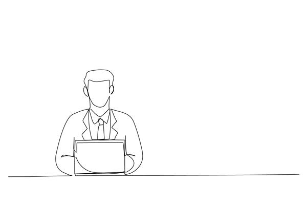 کارتون مرد تجاری متمرکز هزاره با استفاده از لپ تاپ در میز کارآفرین جوان با استفاده از محاسبات در محل کار دفتر خانه سبک طراحی خط پیوسته
