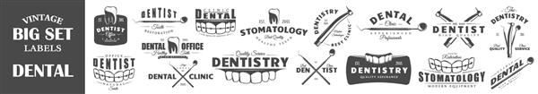 مجموعه ای از برچسب های دندانپزشکی عناصر برای طراحی با موضوع دندانپزشکی مجموعه نمادهای دندانپزشکی دندان فک ابزار دندانپزشکی تصویر برداری