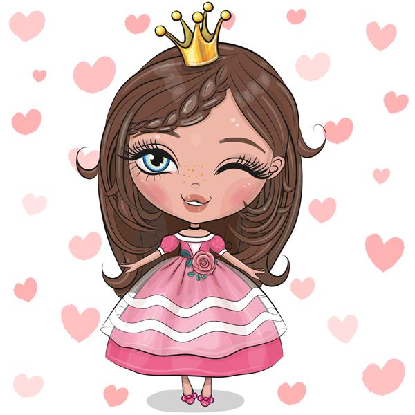 شاهزاده خانم کارتونی زیبا در لباس صورتی با قلب های جدا شده روی پس زمینه قلب
