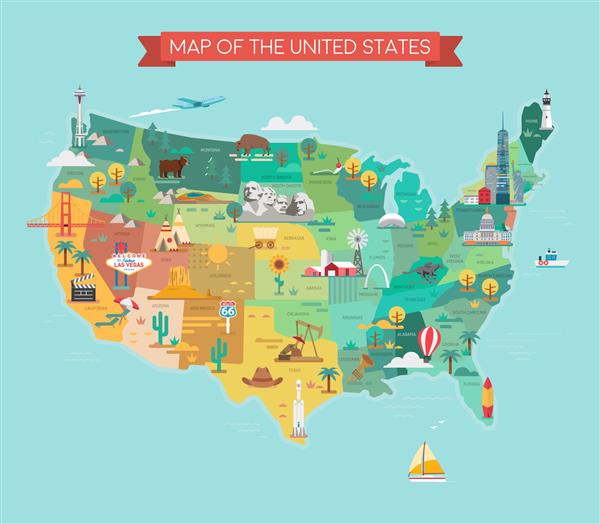 نقشه توریستی ایالات متحده با مکان های دیدنی معروف تصویر برداری