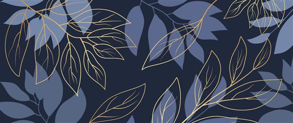 پس زمینه وکتور هنر خط شاخ و برگ انتزاعی کاغذ دیواری طلایی لوکس از برگ های آبی استوایی درخت شاخه برگ در دست طرح کشیده شده است جنگل گیاه شناسی زیبا برای بنر چاپ دکوراسیون پارچه