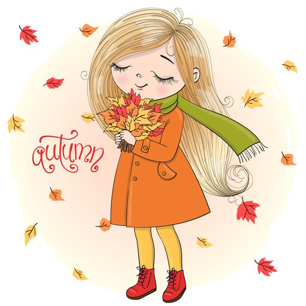 دختر پاییزی ناز با دست کشیده شده با یک دسته گل تصویر برداری