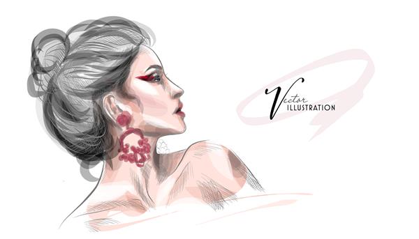 VECTOR پرتره گرافیکی اصلی و شیک با دست طراحی شده با مدل دختر جوان جذاب زیبا برای طراحی مد سبک زیبایی گرافیک طراحی اسکچ زن