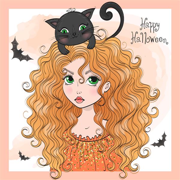 جادوگر دختر ناز زیبای هالووین با دست کشیده شده با گربه سیاه تصویر برداری