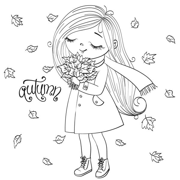 دختر پاییزی ناز با دست کشیده شده با یک دسته گل تصویر برداری