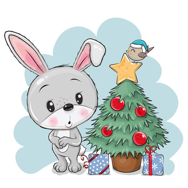 کارت تبریک خرگوش کارتونی زیبا و درخت کریسمس با هدیه
