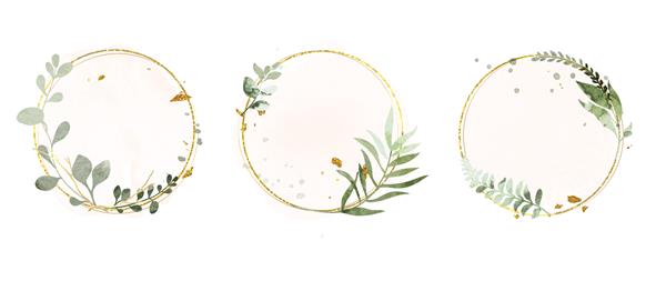عناصر قاب عروسی طلای گیاهی لوکس در پس زمینه سفید مجموعه ای از اشکال دایره درخشش برگ های اکالیپتوس شاخه های برگ طرح شاخ و برگ زیبا برای عروسی کارت دعوت نامه تبریک
