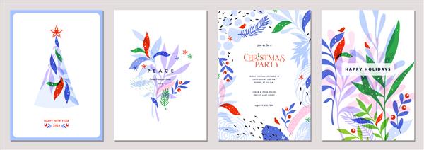 کارت های تعطیلات زمستانی الگوهای کریسمس انتزاعی جهانی با درخت کریسمس تزیینی پس‌زمینه و قاب گل‌دار پرآذین با فضای کپی پرندگان و تبریک