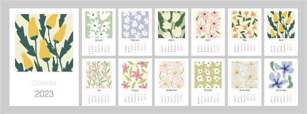 الگوی تقویم گل برای سال 2023 طرح عمودی با گل ها و برگ های رنگارنگ روشن قالب صفحه تصویرسازی قابل ویرایش A4 A3 مجموعه 12 ماهه با جلد مش وکتور هفته از دوشنبه شروع می شود
